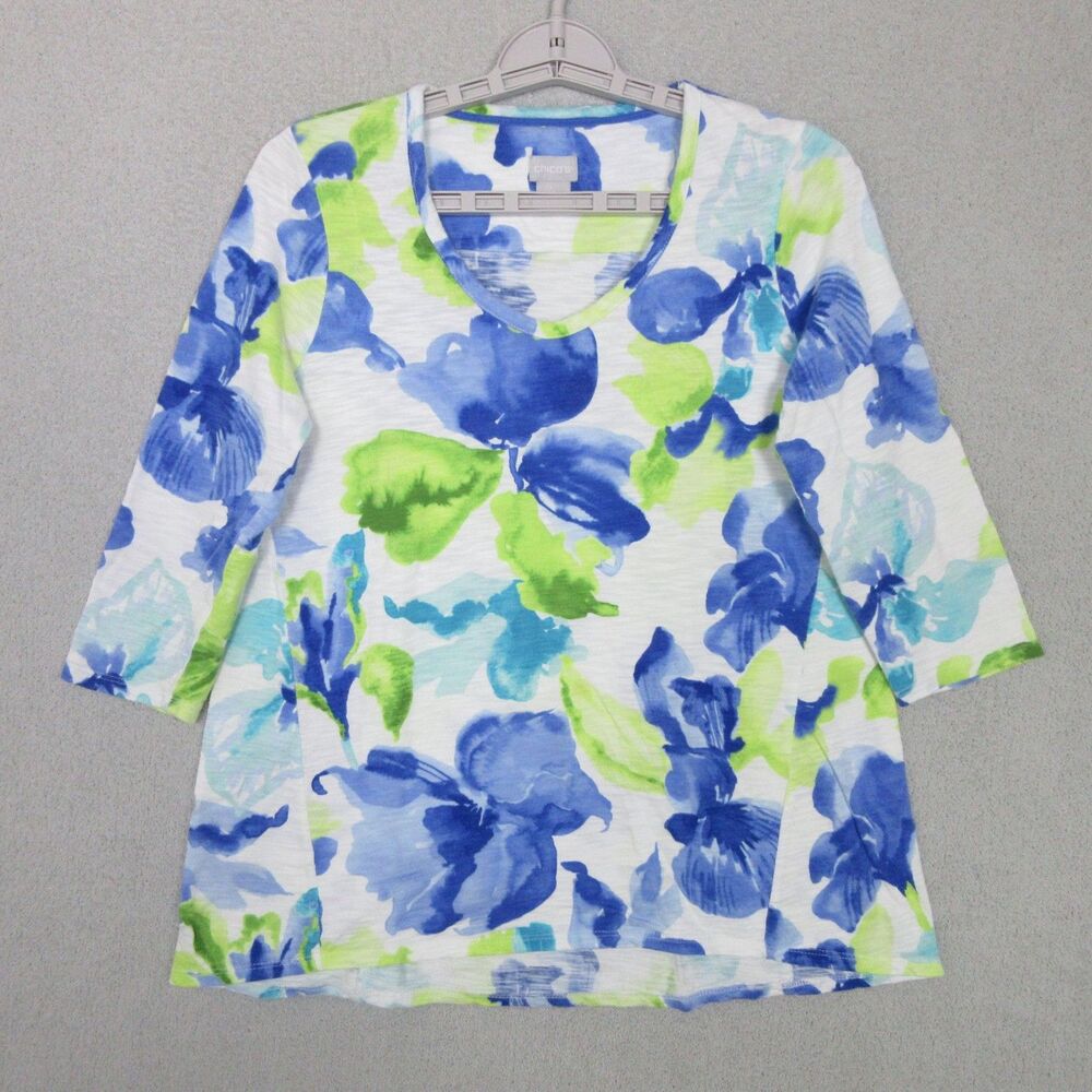 Chicos Tunic Womens S Floral Scoop Neck 3/4 Sleeve Cotton Modal White Blue
